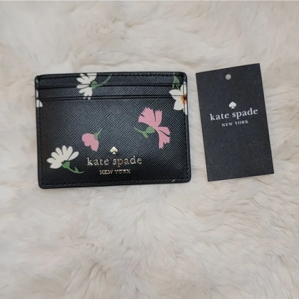Kate Spade Madison Floral Waltz Printed Black Card Holder New $89